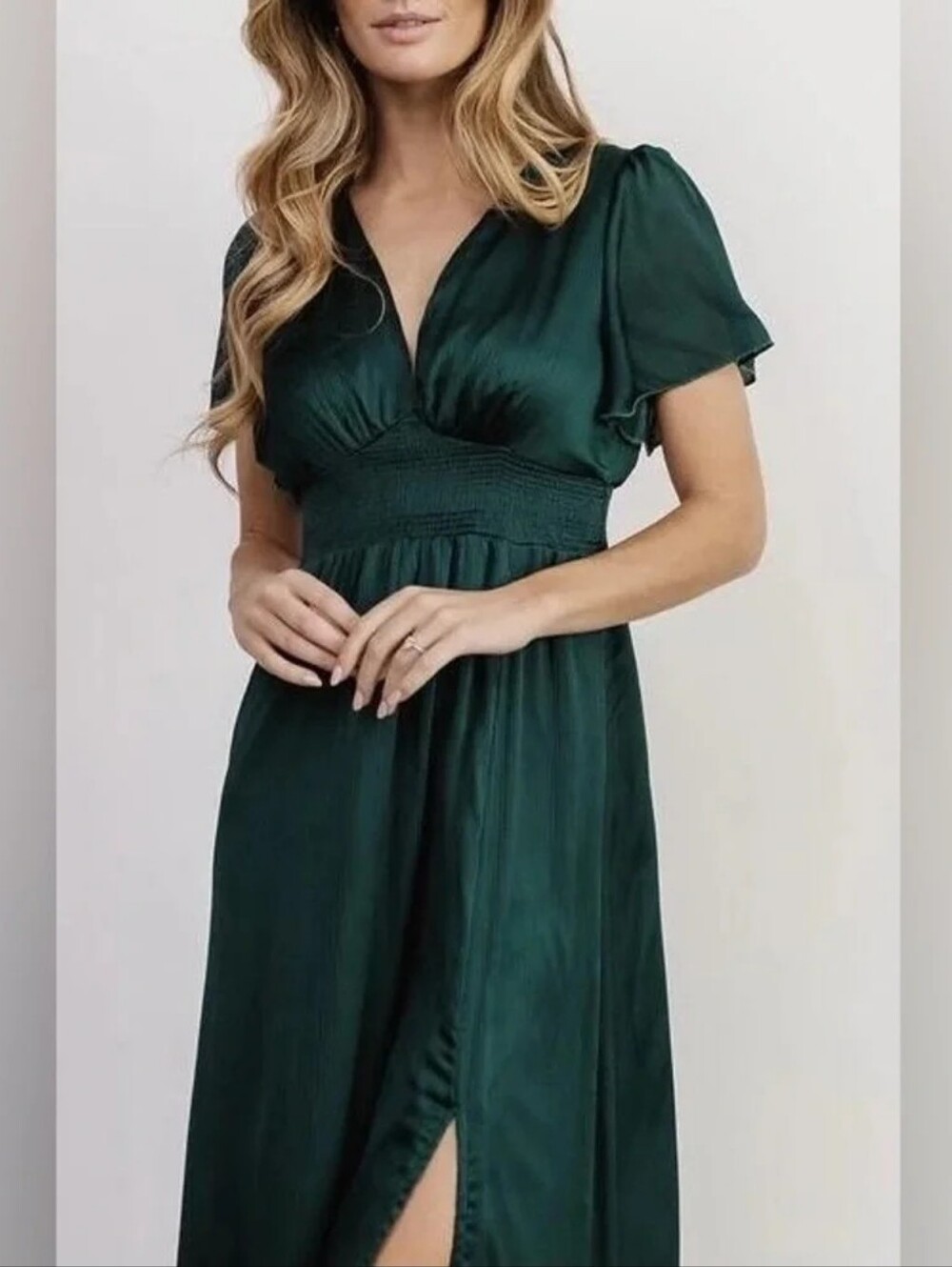 Baltic Born Prague Satin Smocked Empire Waist Maxi Dress Dark Green M - Picture 2 of 13